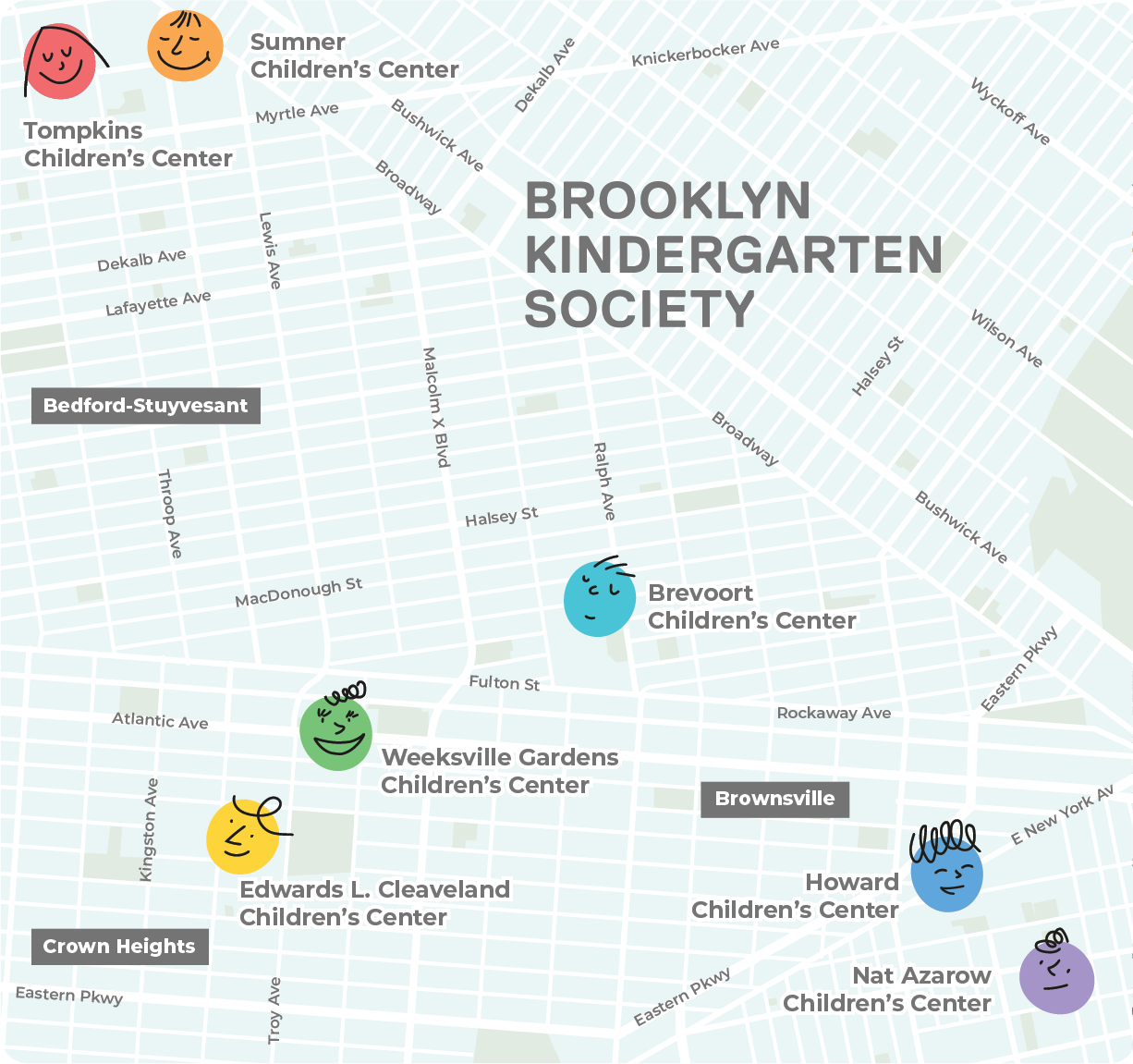 Hand-drawn map showing the locations of the 7 BKS Children's Centers in Brooklyn, NY